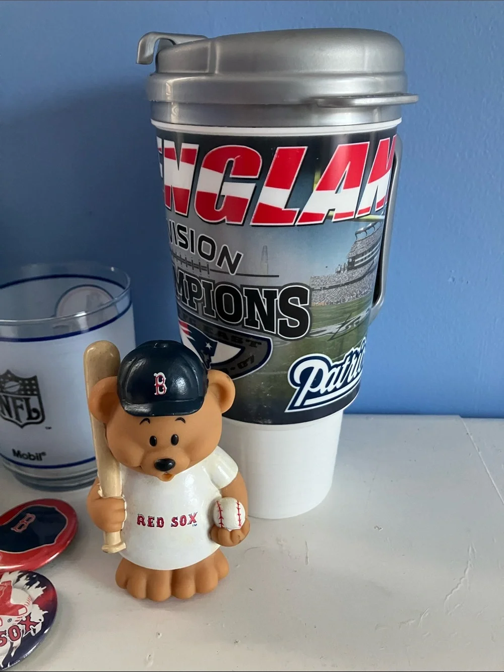 Bundle of New England Patriots and Boston Red Sox Cups and Pins and Bear